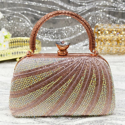 Elegant matching purse crafted from high-quality materials, paired with diamond studded luxury women's high heel shoes.