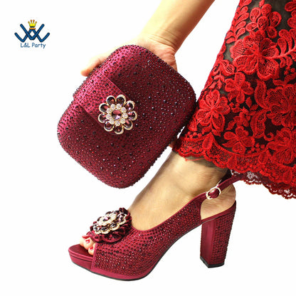 Fashion-forward perspective of magenta crystal-embellished peep toe pumps on a stylish surface, perfect for upscale events.