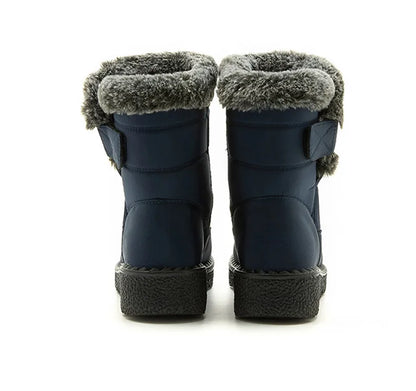 Luxury women's waterproof ankle snow boots in thick fur, featuring a low-heel wedge design, perfect for winter elegance.