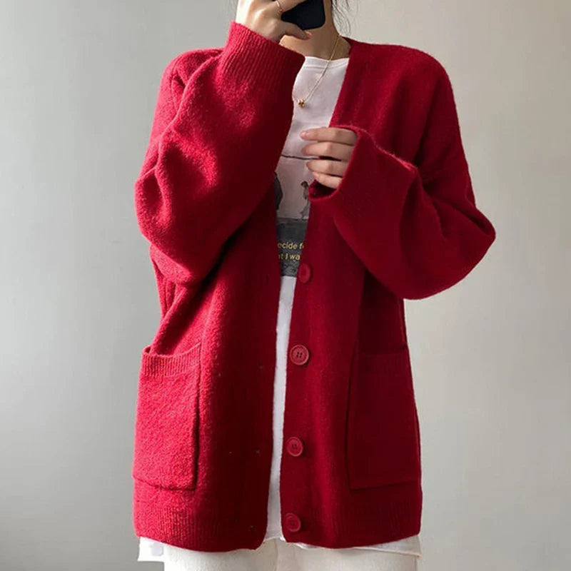 Premium quality long-sleeve knitted cardigan for women, featuring a fresh yellow hue and classic design, a must-have for elegance and warmth.