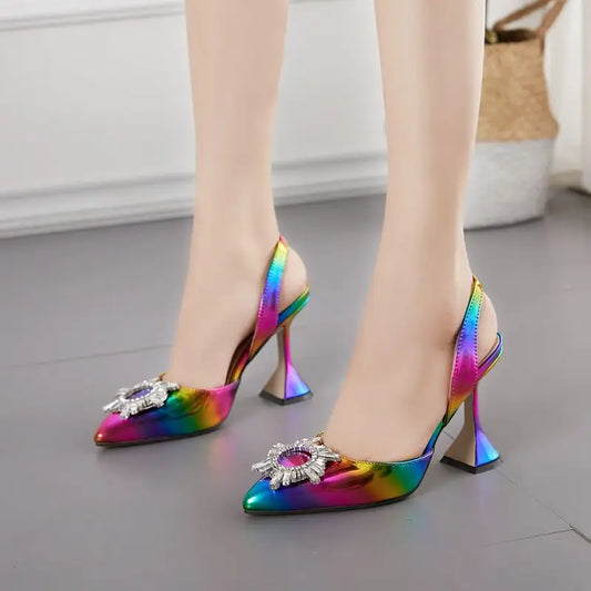Elegant rainbow rhinestone embellished pointed toe high heels for women, featuring 11CM spike heels perfect for wedding occasions.