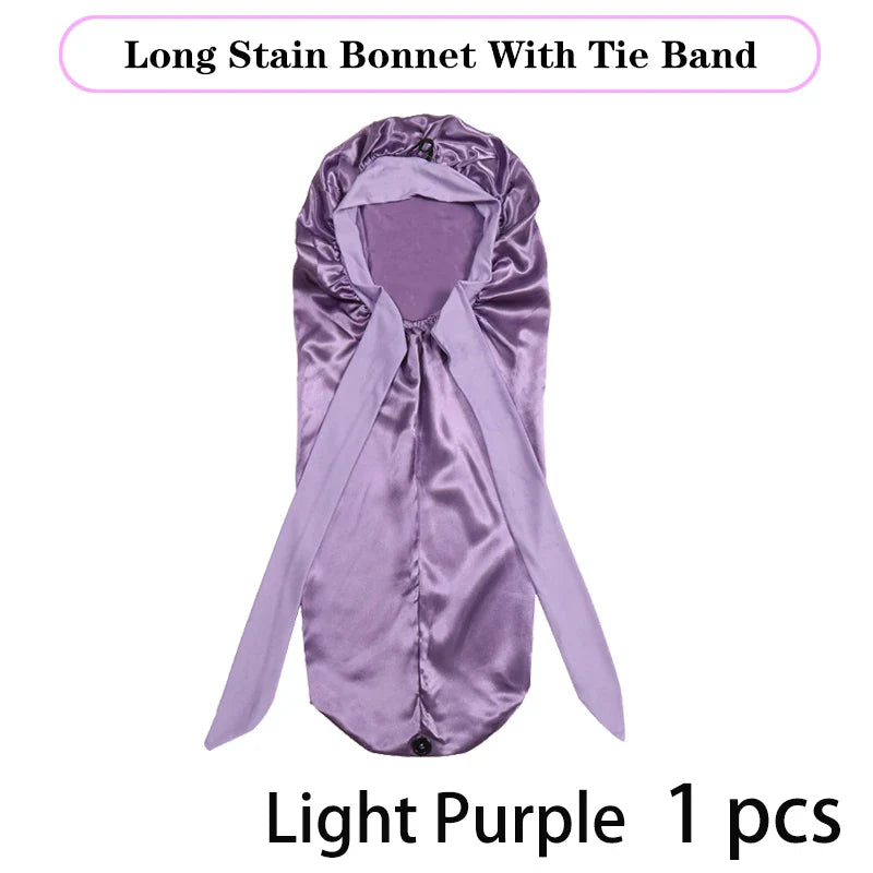 Chic and spacious satin bonnet designed for curly hair, offering comfort and style for a restful night's sleep.