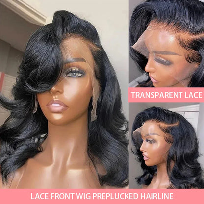 Close-up view of the premium 13x4 lace frontal bob wig, highlighting the soft body wave texture and the quality of Brazilian Remy human hair.