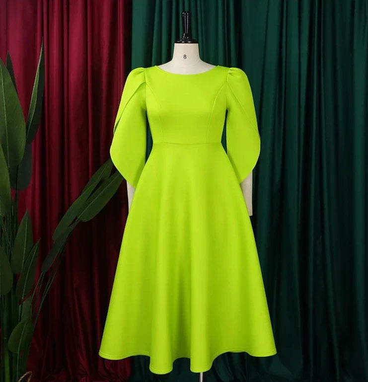 Detailed view of the natural waistline and chic A-line shape of the Elegant Women's Summer A-Line Evening Dress, made from high-quality cotton and polyester blend.