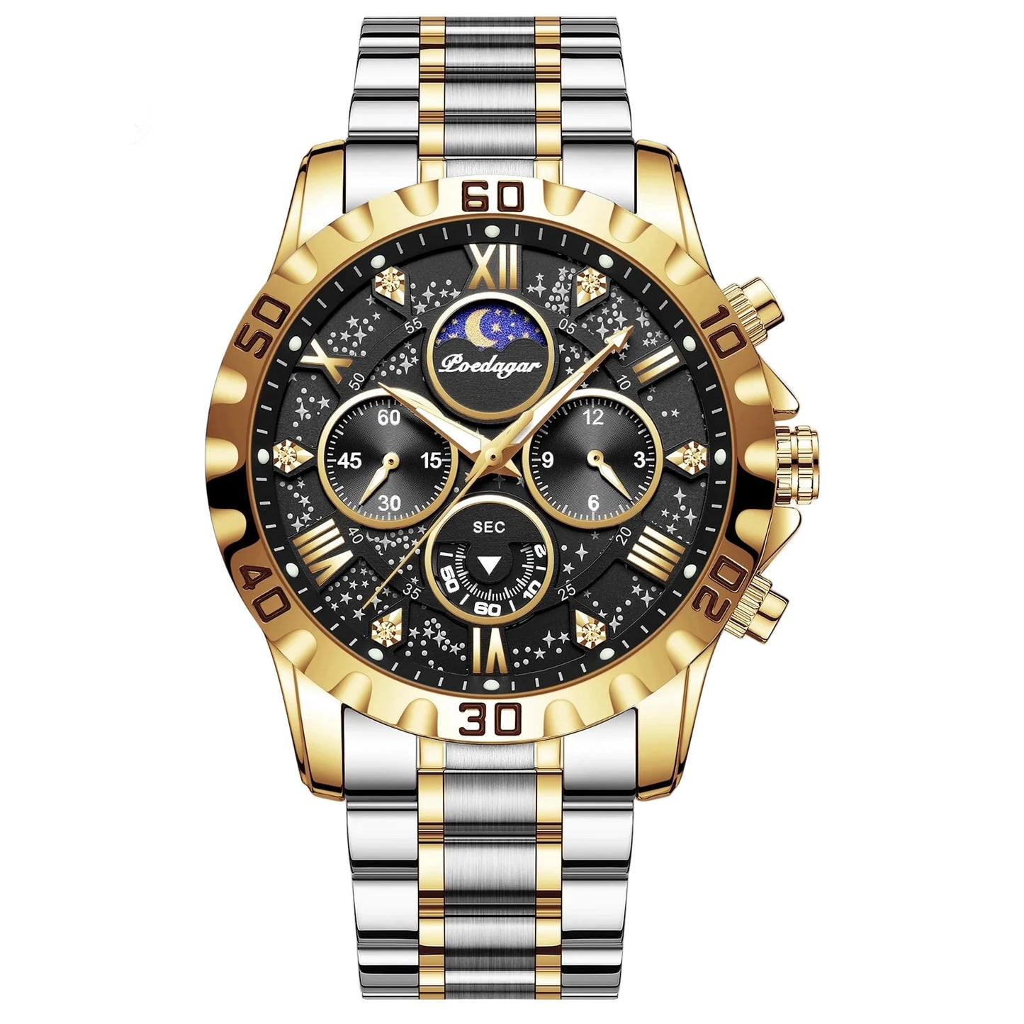Elegant stainless steel band of the luxury men's sports watch, designed for durability and style, suitable for both casual and formal occasions.