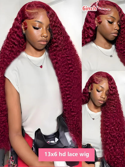 Luxurious 30 36 Inch 250% 13x4 HD Lace Frontal Wig in Kinky Curly 99J Burgundy Red Wine, crafted from premium Brazilian water wave human hair.