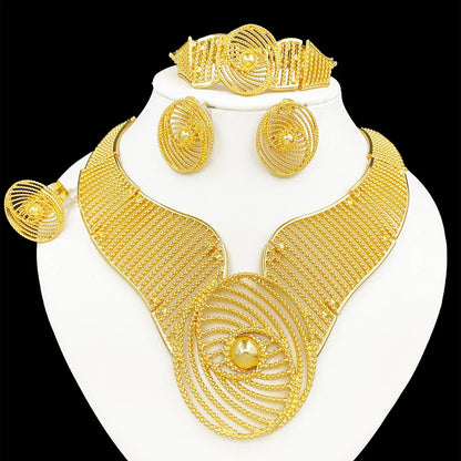 Complete elegant 18K Gold Plated jewelry set for women, showcasing a necklace, bracelet, earrings, and ring with chic geometric designs, perfect for bridal wear.