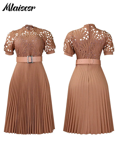 Back view of the Mlaiscsr Luxury Pleated Dress highlighting its flattering silhouette and sleek zipper closure.