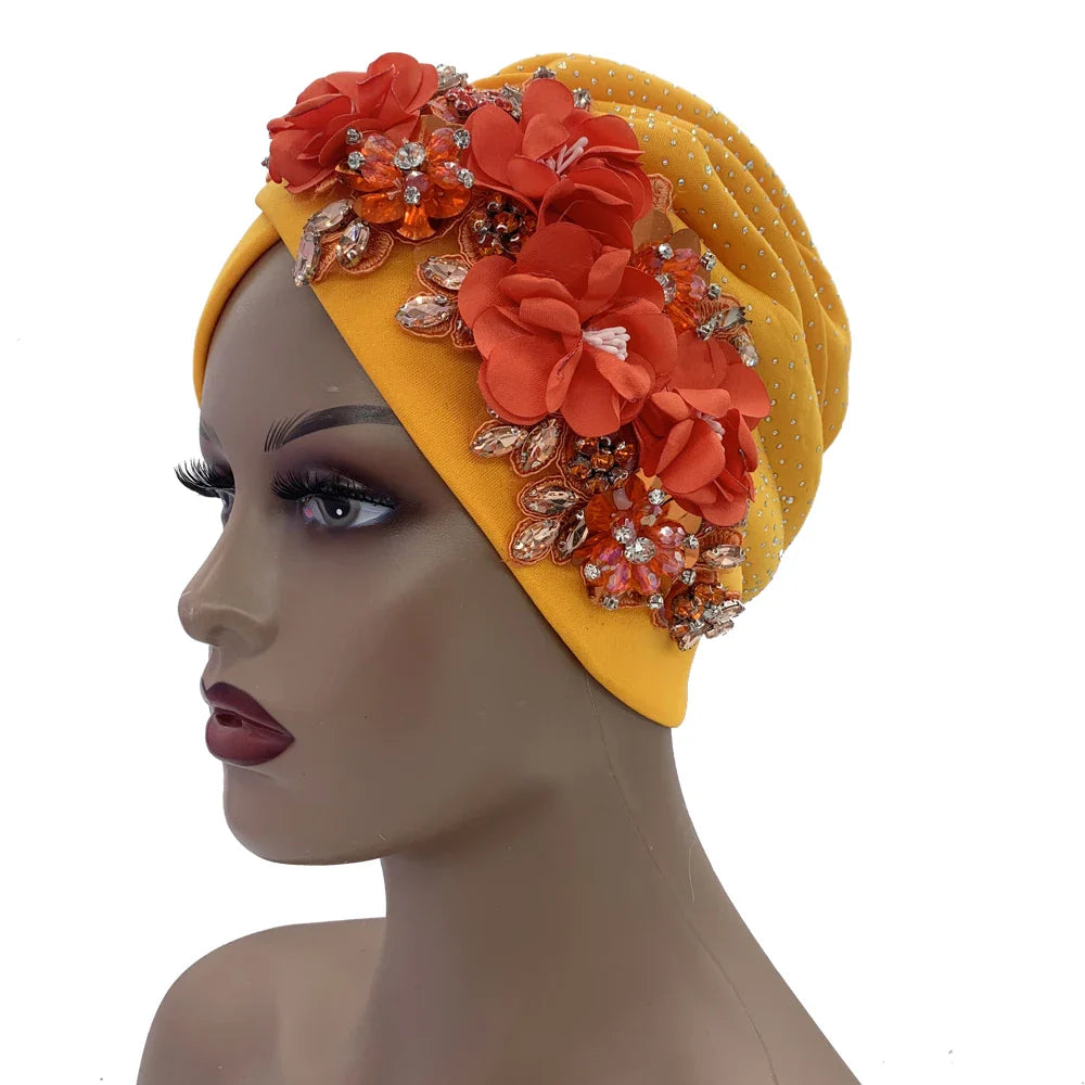 Sophisticated African turban cap adorned with sparkling rhinestones, a luxurious head wrap for discerning women.