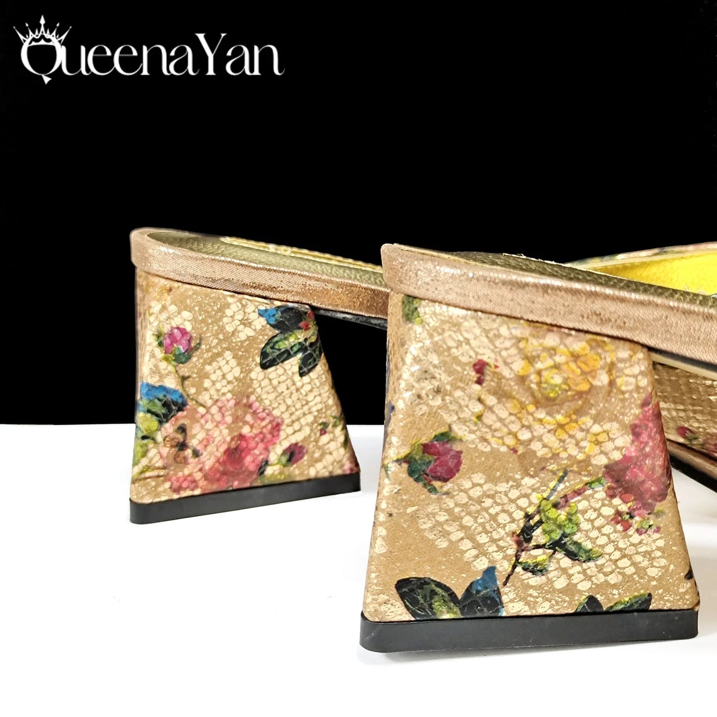 Close-up of QSGFC luxury women's high heel sandals in rose gold, showcasing intricate rhinestone embellishments.