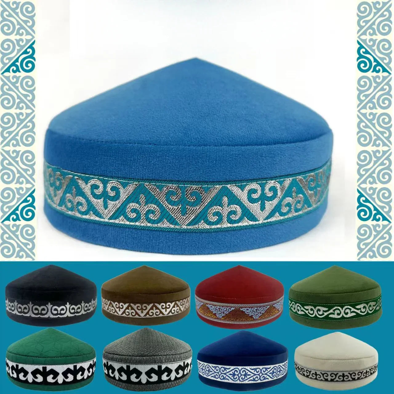 Handmade Kazakh hat in various colours, featuring beautiful embroidery and designed for versatility across seasons, embodying luxury.