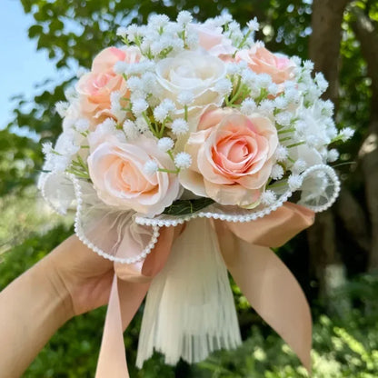 Beautifully crafted silk wedding bouquet showcasing exquisite babysbreath roses intertwined with elegant pearl lace, a timeless choice for weddings.