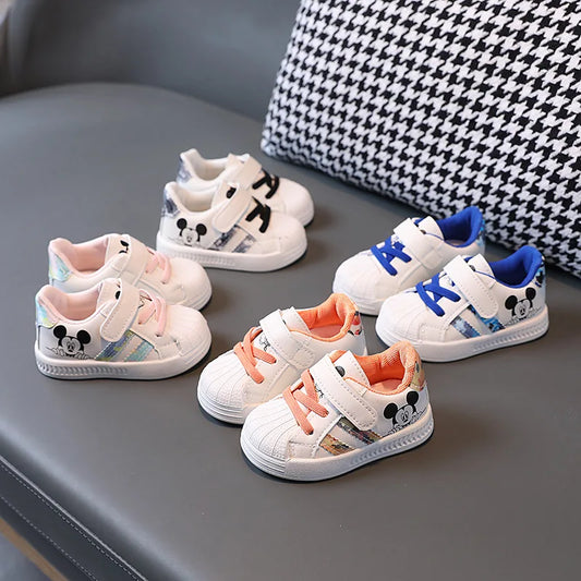 Luxurious Mickey Mouse Kid's Casual Shoes for Baby Boy and Girl, crafted from breathable PU leather for ultimate comfort, showcasing a chic striped pattern.
