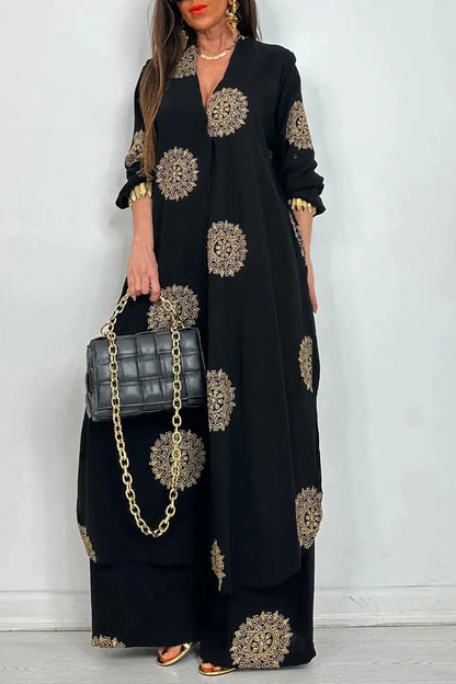 Elegant women's loose robe set displayed on a model, highlighting the combination of style and comfort in luxury casual wear.