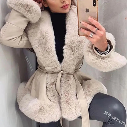 Luxurious women's faux leather jacket with a plush rabbit fur interior, perfect for blending elegance and warmth in winter attire.