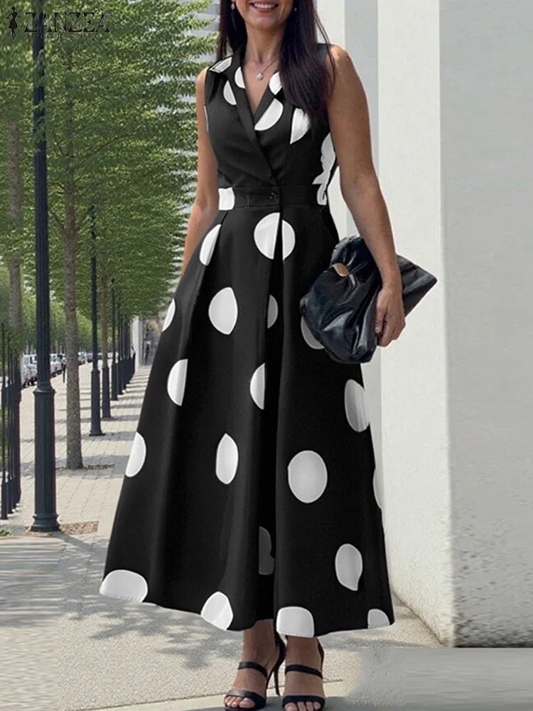 Close-up view of the luxurious polka dot fabric and intricate tailoring in the ZANZEA Maxi Dress, ideal for the sophisticated woman's wardrobe.