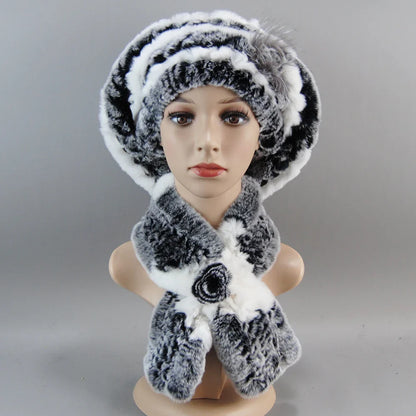Stylish women's winter scarf crafted from 100% natural rex rabbit fur, paired perfectly with a luxurious faux fur hat.