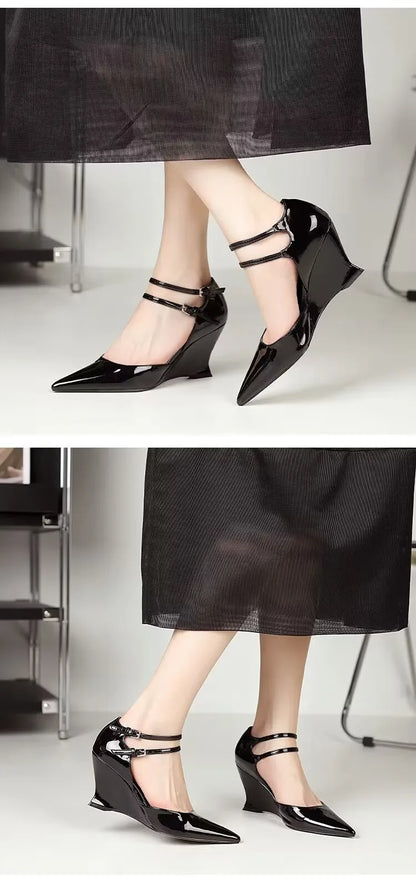 Fashion-forward women's pointed toe wedge sandals with an elegant buckle, crafted for sophisticated spring and autumn style.
