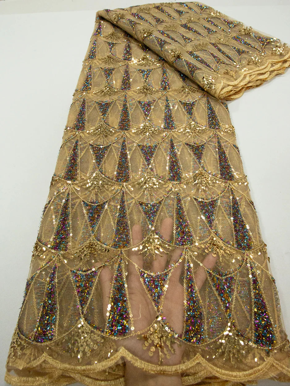 Luxurious Kalume high-quality African lace fabric with shimmering sequins, perfect for elegant party and wedding dress designs.