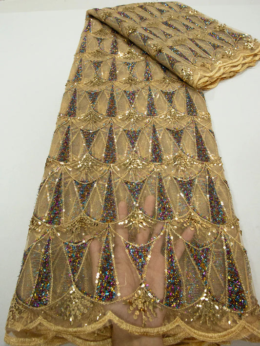 Luxurious Kalume high-quality African lace fabric with shimmering sequins, perfect for elegant party and wedding dress designs.