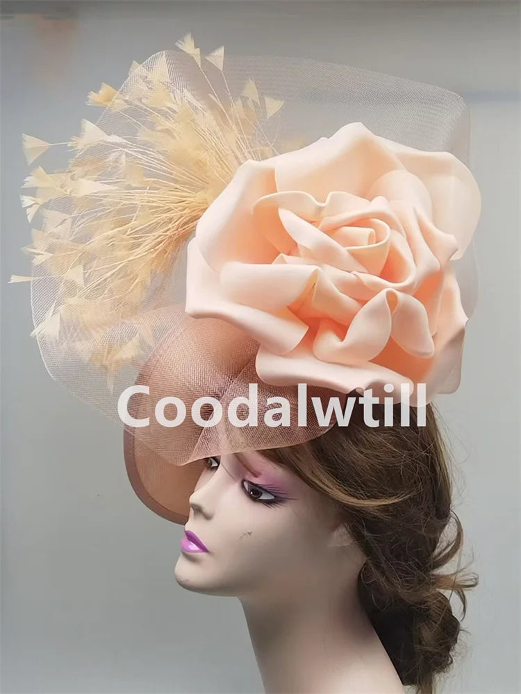 Elegant Big Flower Fascinator Hat for women featuring a stylish pillbox design, perfect for Derby, weddings, and upscale parties.