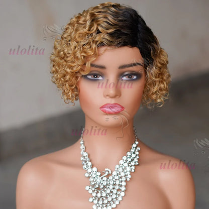 Ombre Blonde T1B27 Pixie Cut Curly Bob Wig displayed on a mannequin, demonstrating the full machine-made design and chic side part ideal for elegant occasions.