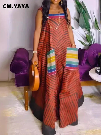 Luxurious CM.YAYA Women’s Striped Wide Leg Sleeveless Jumpsuit showcasing elegant stripes and chic pockets, embodying a high waist design perfect for summer fashion.