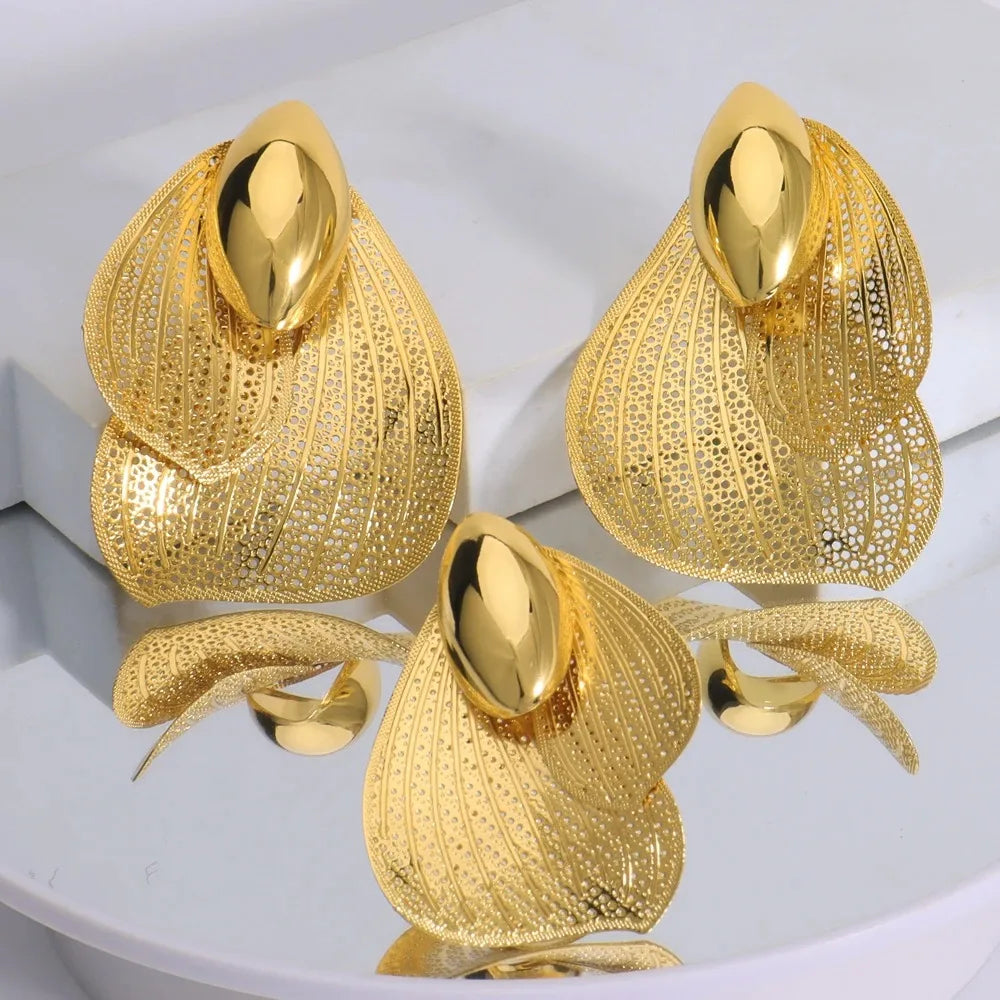 Stylish gold plated earrings complementing the bow tie necklace, designed for a sophisticated and fashionable look for parties and elegant occasions.