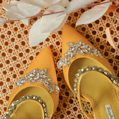 Stylish low heel pointed mules sandals for women, showcasing crystal accents and chic design for elegant summer wear.