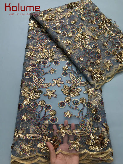 Elegant display of Kalume African Lace Fabric, highlighting the unique sequined patterns that enrich party attire and bridal ensembles.