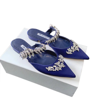 Sophisticated women's rhinestone low heel mules sandals, crafted from silk, embodying luxury and comfort for summer elegance.