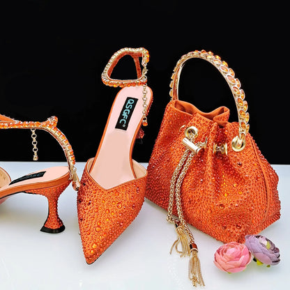 Fashionable high-heeled pumps in gold glitter, showcasing unique rhinestone shapes, designed for women's elegance at parties.