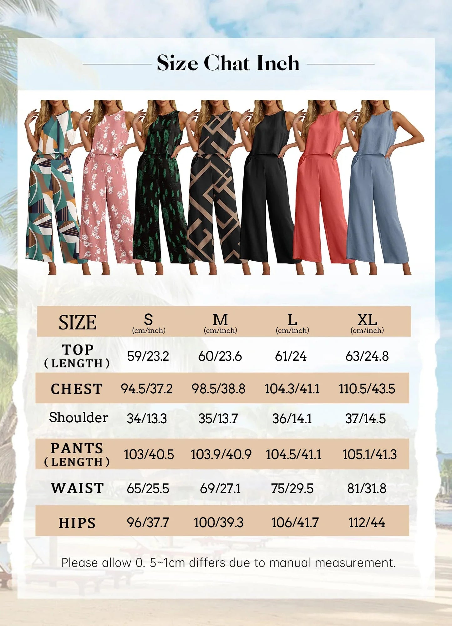 Chic and sophisticated women's two-piece set comprising a sleeveless chiffon top and full-length wide leg pants. Exquisite print design for a fashionable summer look, suitable for various occasions.