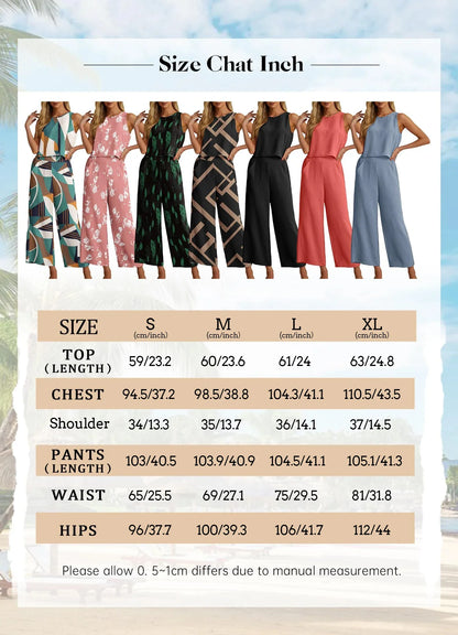 Chic and sophisticated women's two-piece set comprising a sleeveless chiffon top and full-length wide leg pants. Exquisite print design for a fashionable summer look, suitable for various occasions.