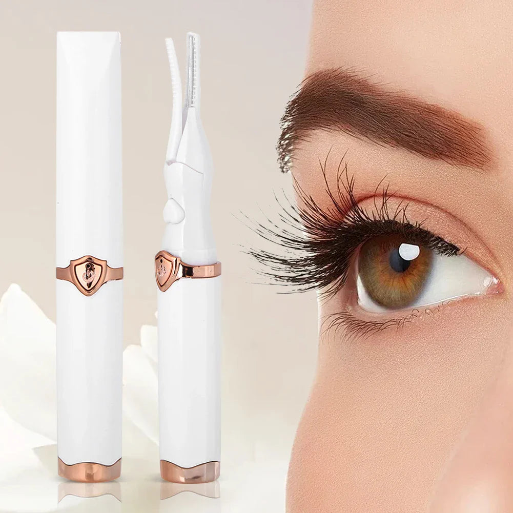 Stylish USB rechargeable portable eyelash curler in elegant design for effortless eye glamour.