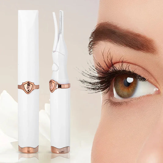 Stylish USB rechargeable portable eyelash curler in elegant design for effortless eye glamour.