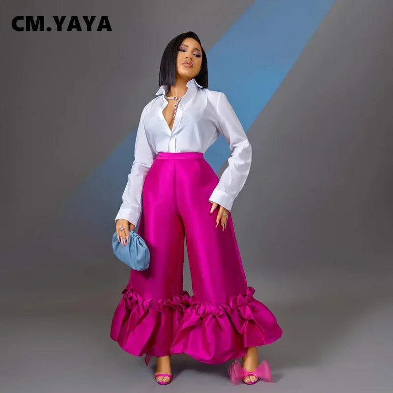 CM.YAYA Women’s Elegant Ruffle Hem High Waist Loose Wide Leg Flare Pants in Summer Rose Red from Hot Trends Area, showcasing modern luxury and stylish design.