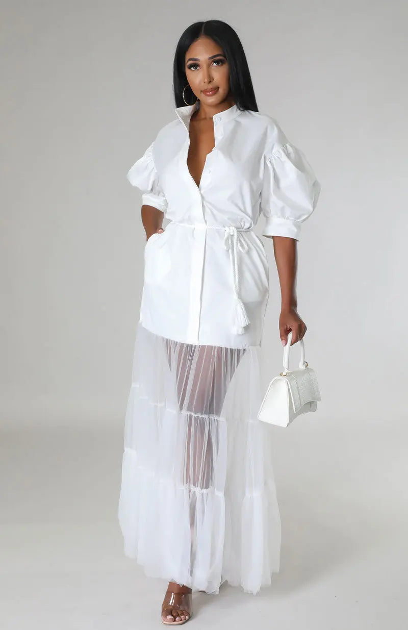 Elegant women's ankle-length white lace shirt dress with short sleeves, featuring a stunning lace-up detail and side pocket, perfect for spring and summer occasions.