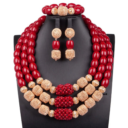 Exquisite Luxury African Beads Jewelry Set featuring a stunning statement necklace, elegantly designed earrings, and a matching bracelet, crafted with artificial coral and copper alloy, perfect for party occasions.