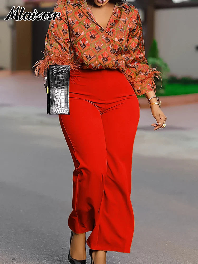 Elegant Mlaiscsr long sleeve top with feather print, styled for fashionable office ladies, showcasing a luxurious V-neck design.