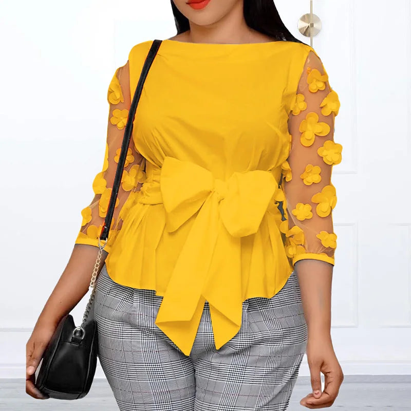 Elegant plus size VONDA mesh blouse with three-quarter sleeves and a graceful crew neck, perfect for adding luxury to your wardrobe.