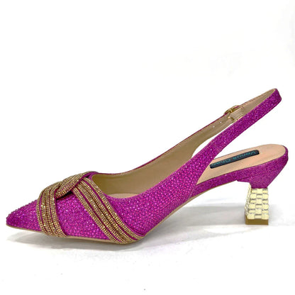 Stylish Venus Chan Champagne Rhinestone Handbag, beautifully paired with matching slingback heels, ideal for sophisticated occasions.