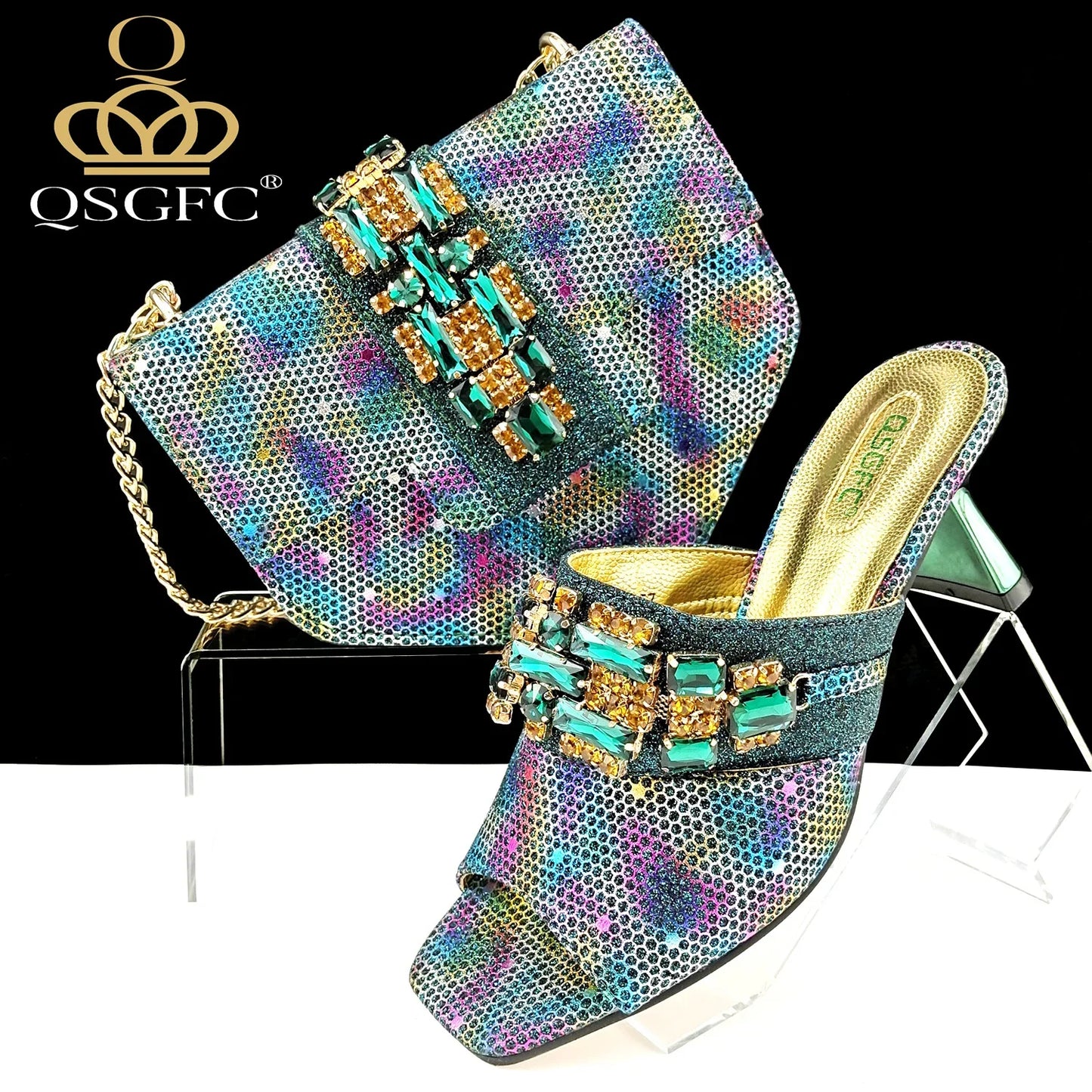 Elegant QSGFC Gold Italian High Heel Pumps for Women featuring exquisite crystal detailing, size range 38-43, perfect for luxurious parties.