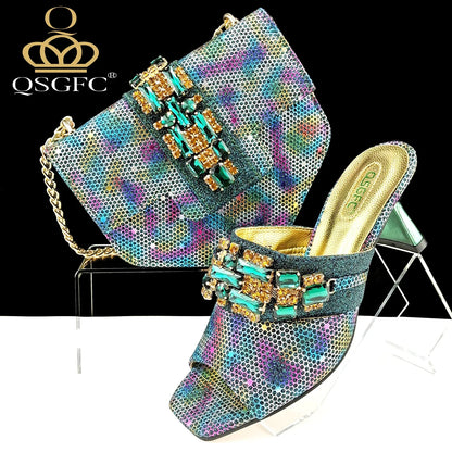 Elegant QSGFC Gold Italian High Heel Pumps for Women featuring exquisite crystal detailing, size range 38-43, perfect for luxurious parties.