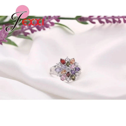 Elegant 925 Sterling Silver flower-shaped ring adorned with sparkling zircon gemstones, perfect for trendy girls.