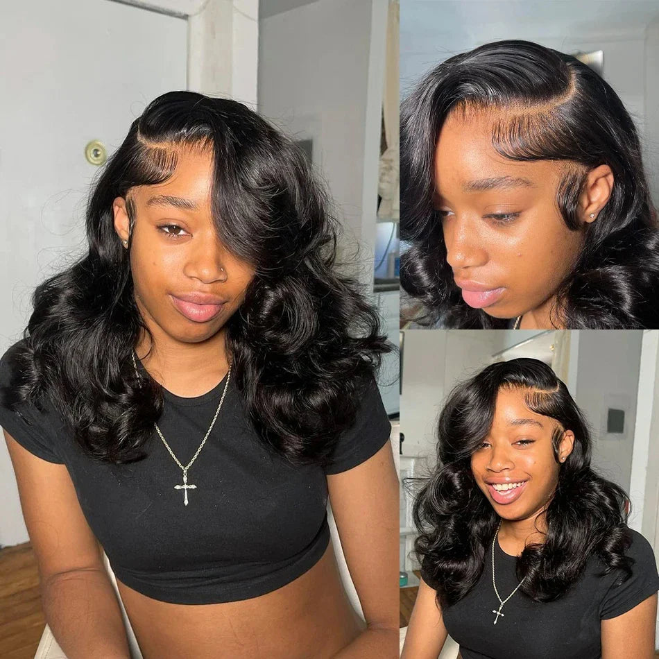 Close-up of luxury body wave lace frontal bob wig showcasing the high-quality Brazilian Remy human hair and smooth transparent lace design.