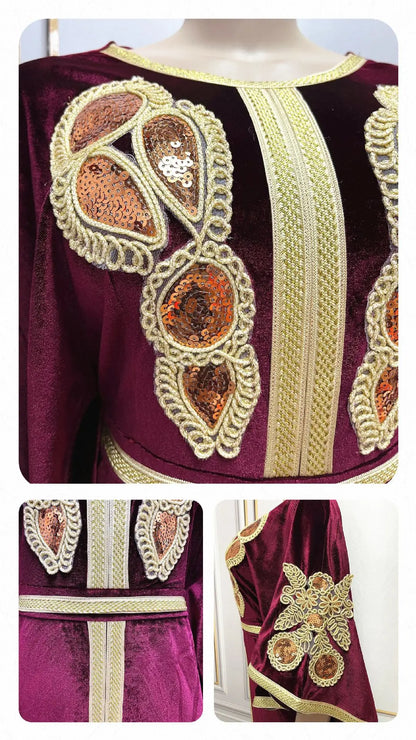 Elegant Muslim woman wearing a golden velvet abaya with bat sleeves, exemplifying sophisticated Ramadan fashion.