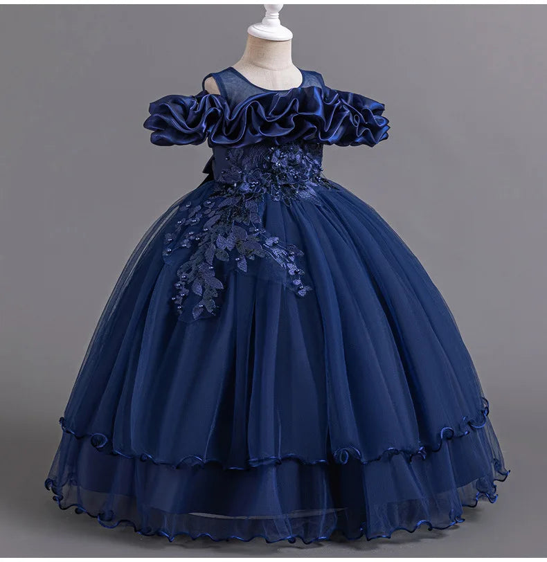 Charming O-neck gown with short sleeves, perfect for girls' formal events and festive celebrations.