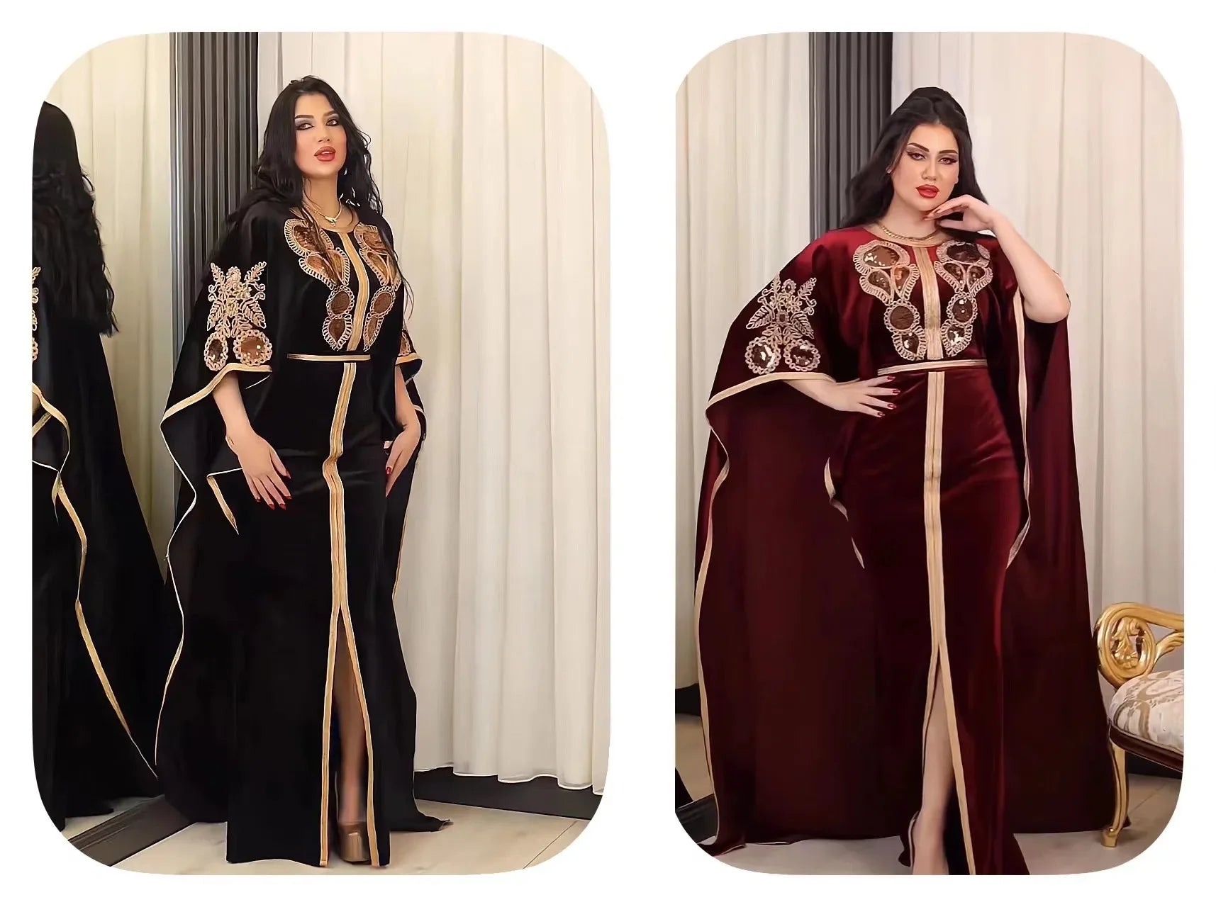 Ramadan luxury bat sleeve Moroccan Dubai dress in golden velvet with exquisite sequins, perfect for elegant Muslim fashion.