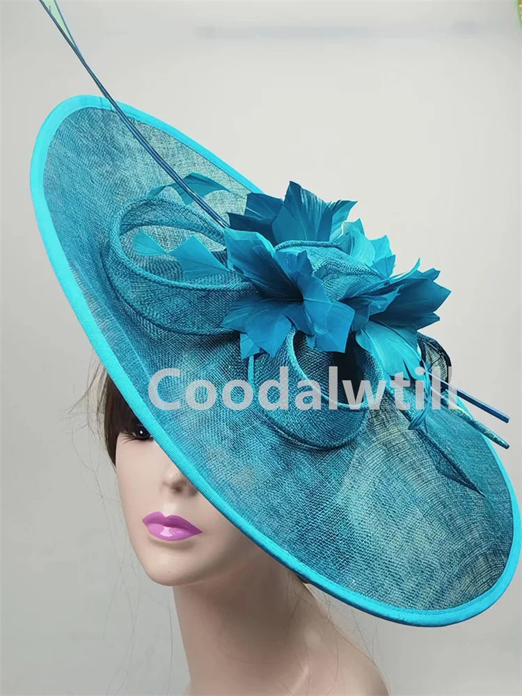 High-fashion large fascinator hat, intricately designed with feathers, perfect accessory for women's race day attire or elegant gatherings.